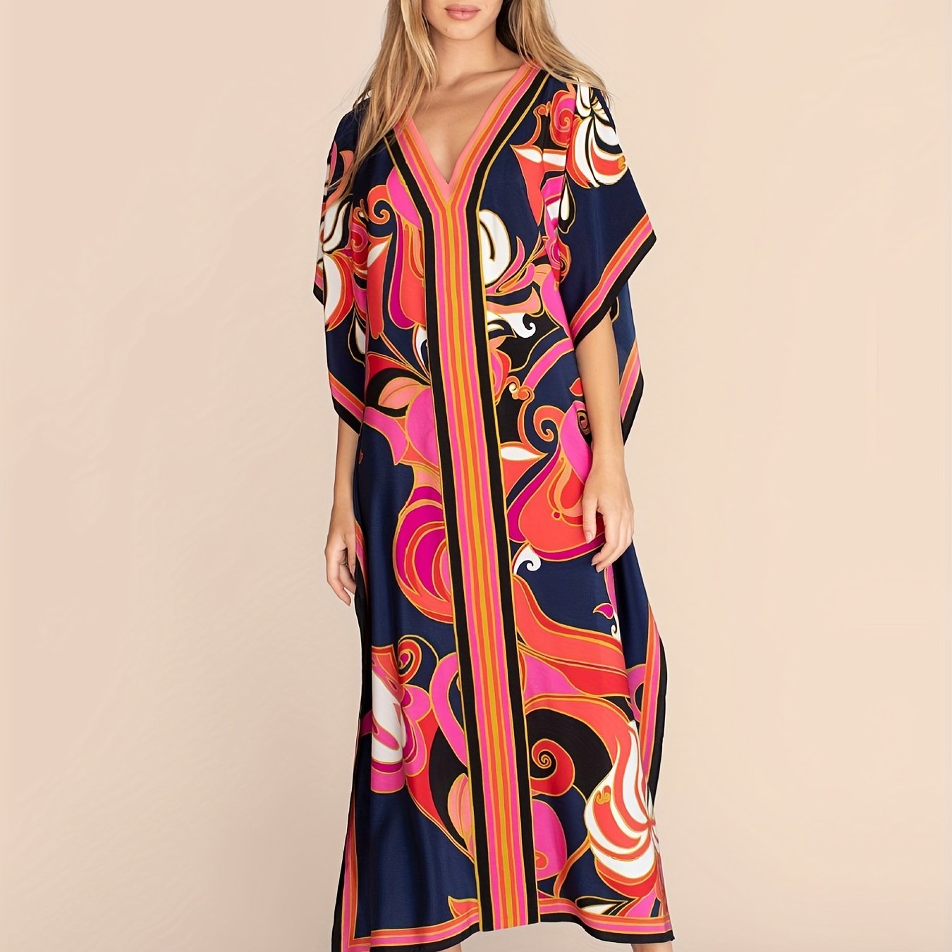 Boho Stripe Print Caftan Kimono Maxi Cover Up