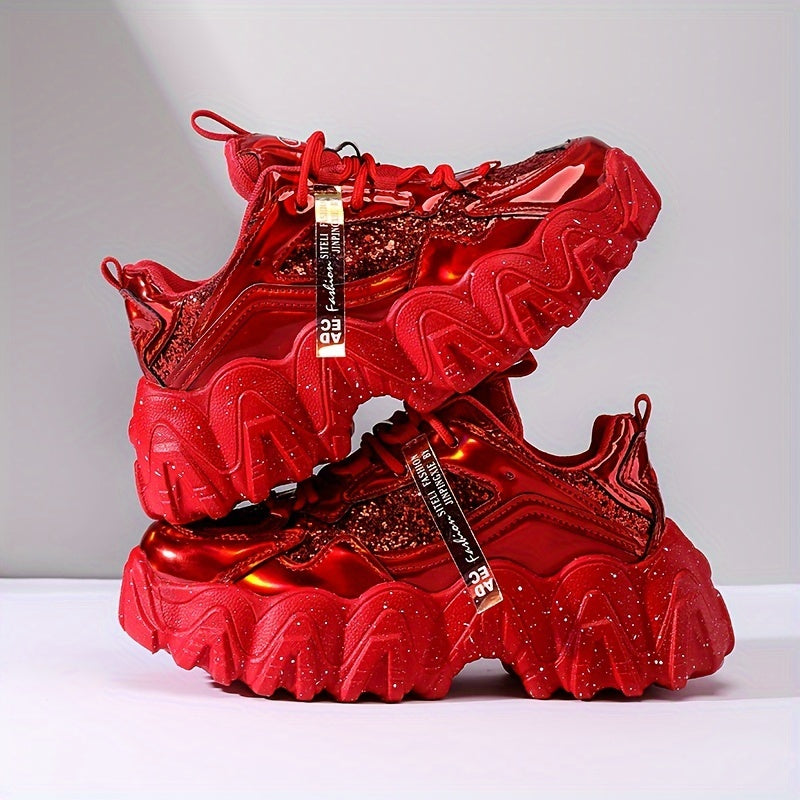 Sequin Glitter Chunky Sneakers Faux Leather Running Shoes