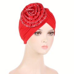 Round Rhinestone Flower Turban Beanie Head Scarf Chemo Cap