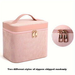 Corduroy Makeup Organizer With Foldable Tray & Handle