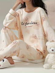 Bear Print Pajama Set Long Sleeve Crew Neck Top & Pant