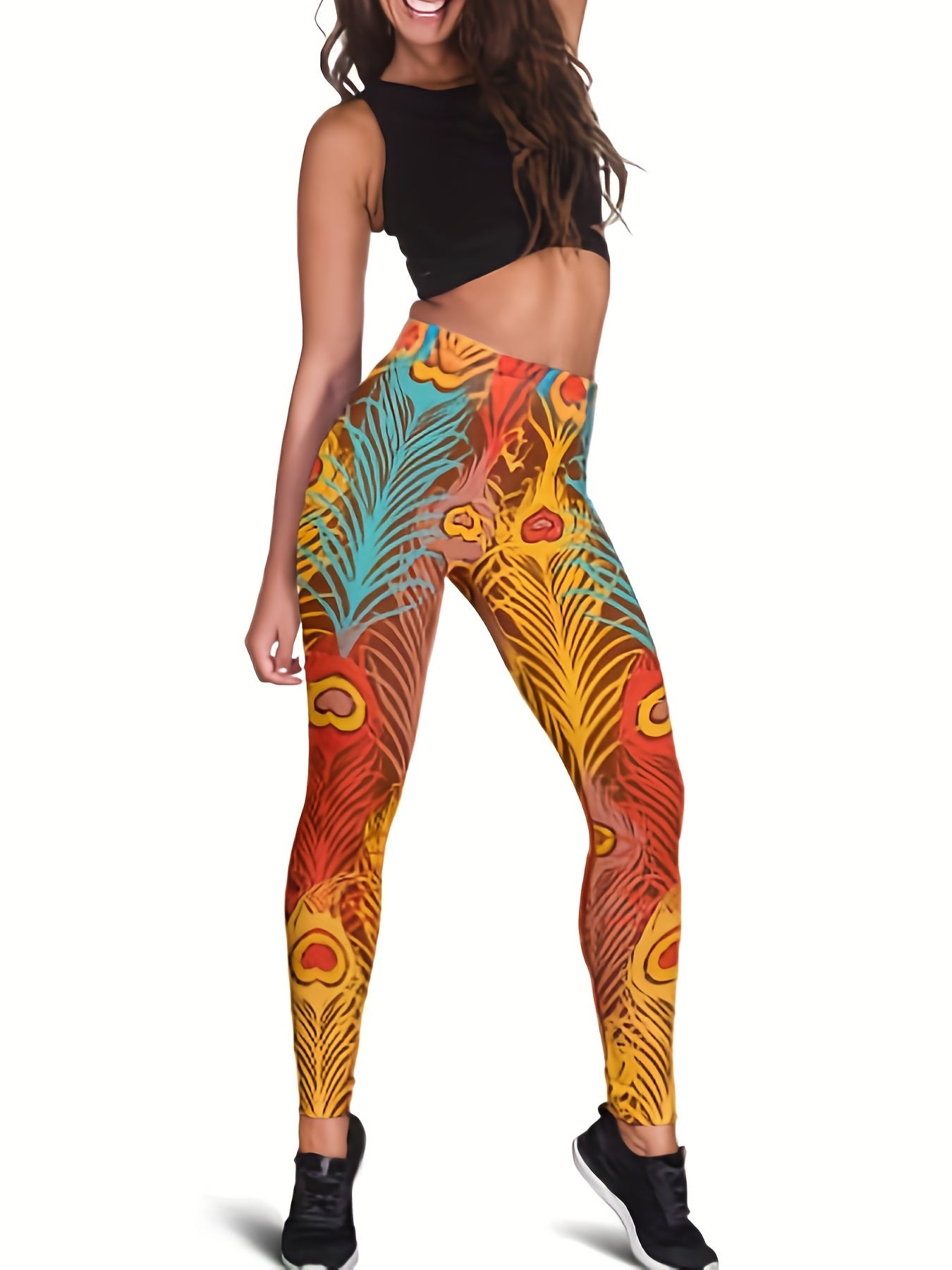 Peacock Feather Print Skinny Leggings Vintage High Waist Leggings