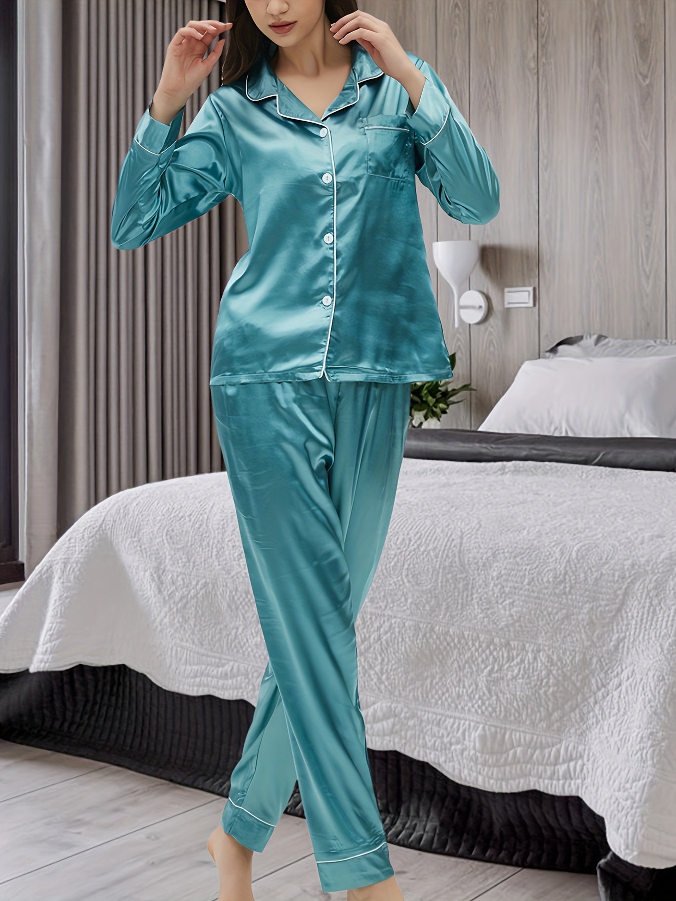 Satin Pajama Set Long Sleeve Top & Pants