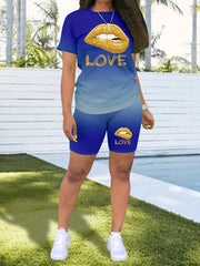 Lip Print Two-piece Set Short Sleeve T-shirt & Skinny Shorts Outfit