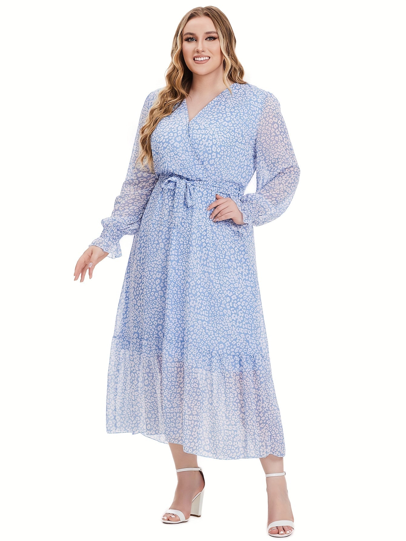 Dalmatian Print Flounce Sleeve Maxi Dress With Belt