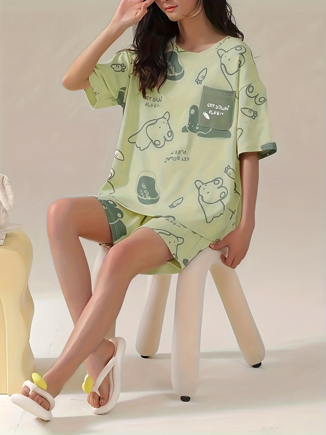 Bunny Print Pajama Set Short Sleeve Top & Shorts Women's Sleepwear