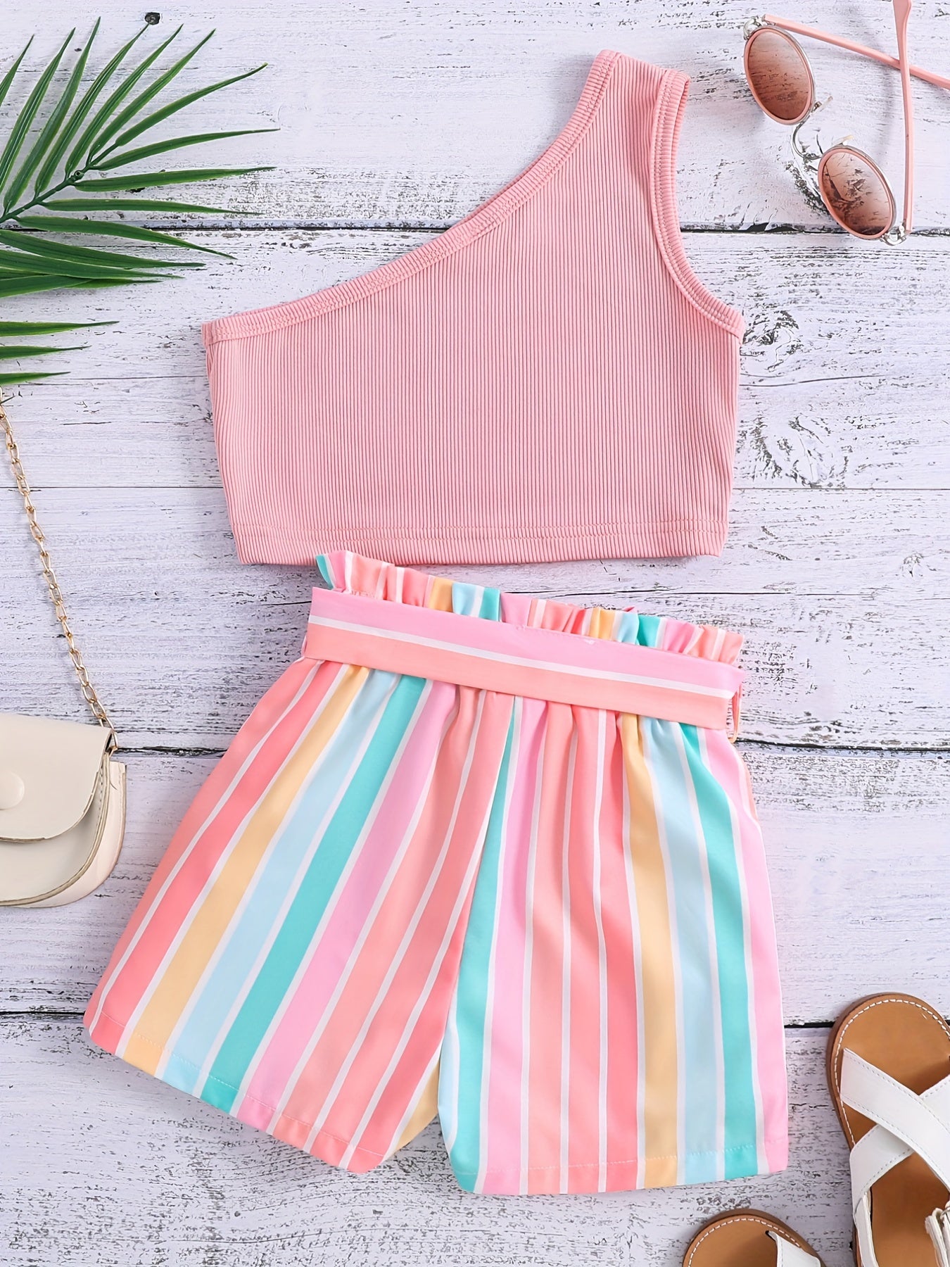 Girls 1 Shoulder Crop Top & Striped Shorts Set Kids Summer Clothes