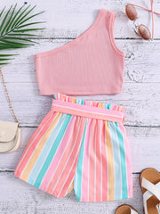 Girls 1 Shoulder Crop Top & Striped Shorts Set Kids Summer Clothes