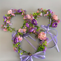 Bohemian Floral Wreath Headband with Purple & Pink Flowers Ribbon Bow