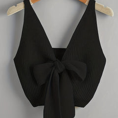 Knitted Bow Front V Neck Sleeveless Top