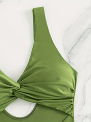 Green V Neck One Piece Swimsuit Twisted Cut Out High Cut Bathing Suit