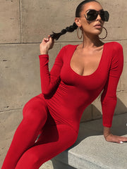 Solid Crew Neck Long Sleeve Bodycon Jumpsuit Women's Clothing