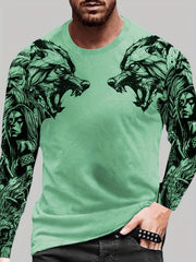 Wolf Pattern Print Men's Graphic Long Sleejson formatves Crew Neck T shirt