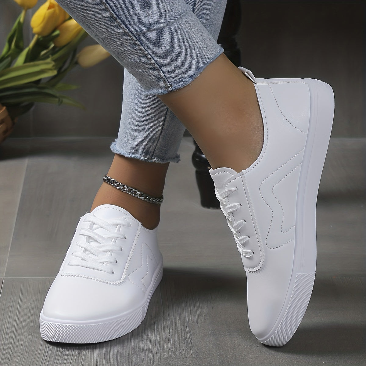 Women's Lace-Up Sneakers Low Top Faux Leather Shoes