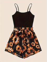 Spring & Summer 2pc Set Spaghetti Top & Floral Shorts Women's Clothing