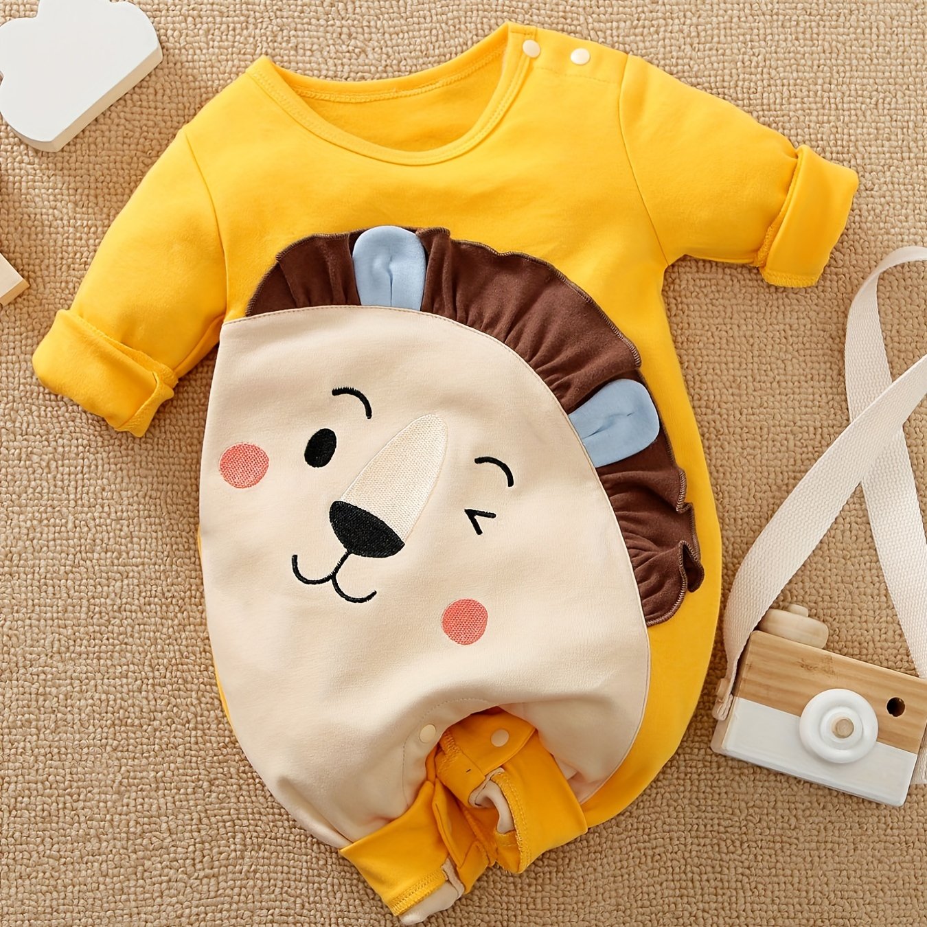 Lion Printed Long-sleeved Cotton Bodysuit with 3D Ears