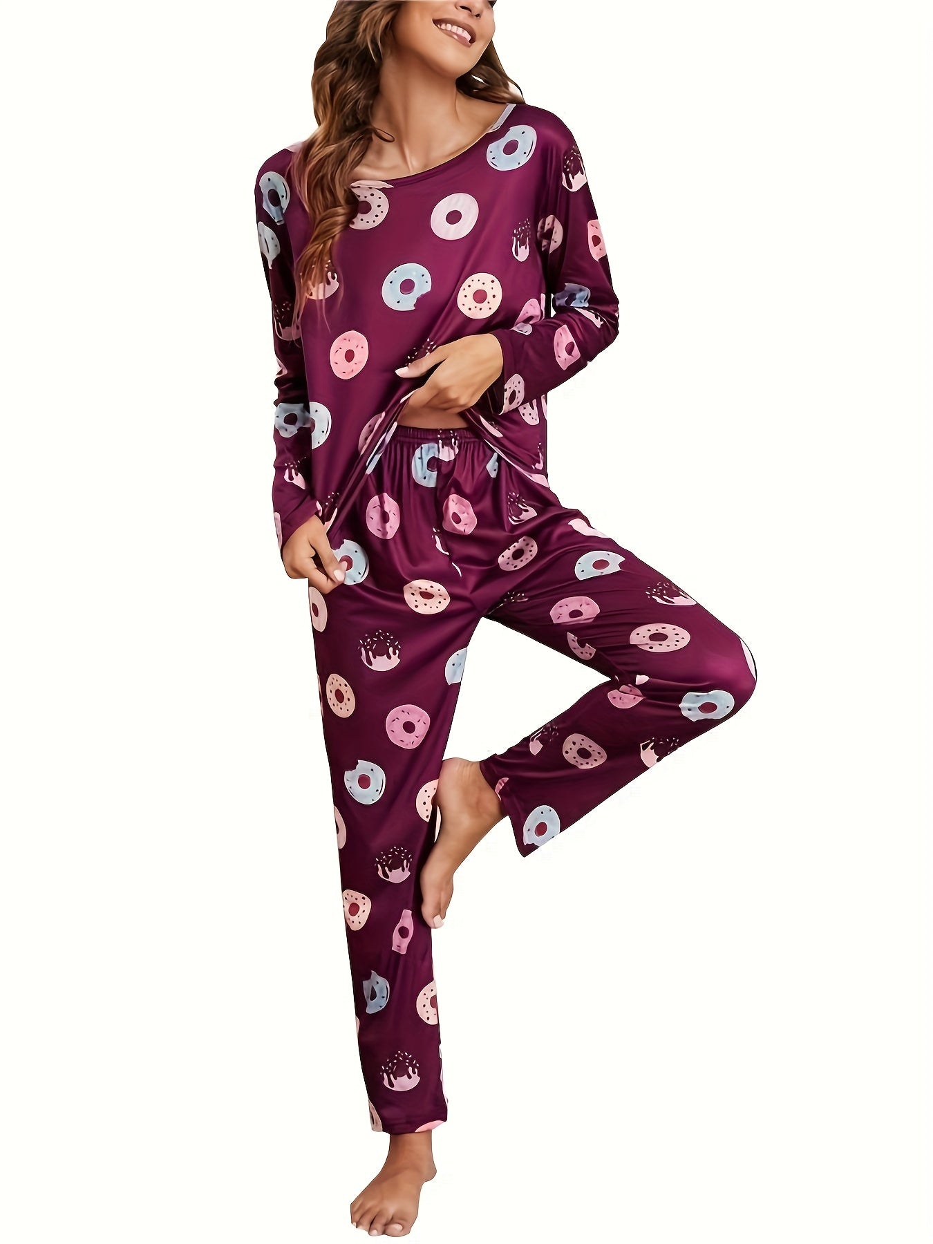 Donut Print Pajama Set Long Sleeve Top & Pants Women's Sleepwear
