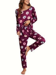 Donut Print Pajama Set Long Sleeve Top & Pants Women's Sleepwear