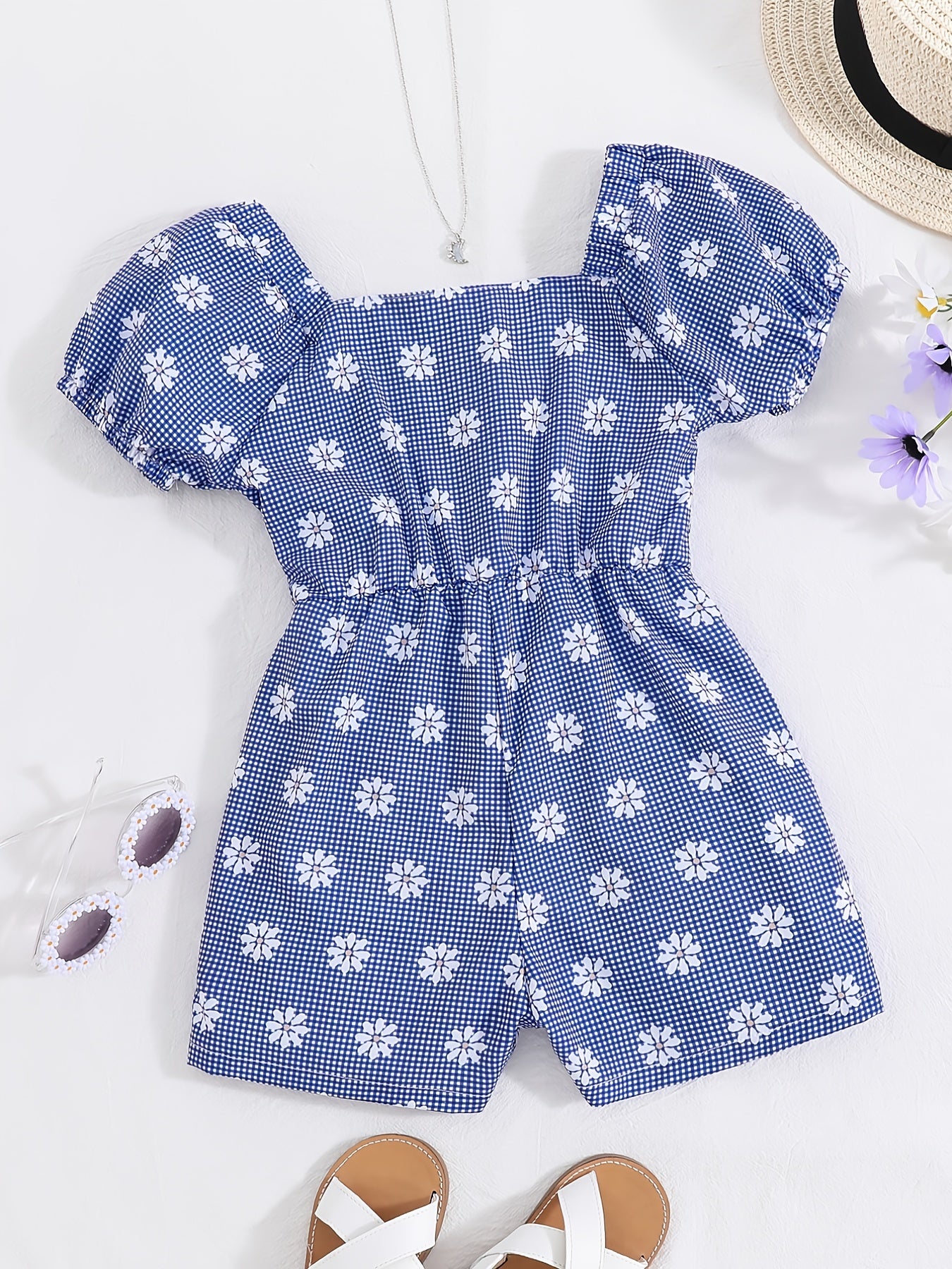 Girls Short Bubble Sleeve Romper Flowers Print Jumpsuit