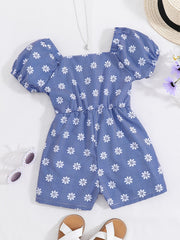Girls Short Bubble Sleeve Romper Flowers Print Jumpsuit