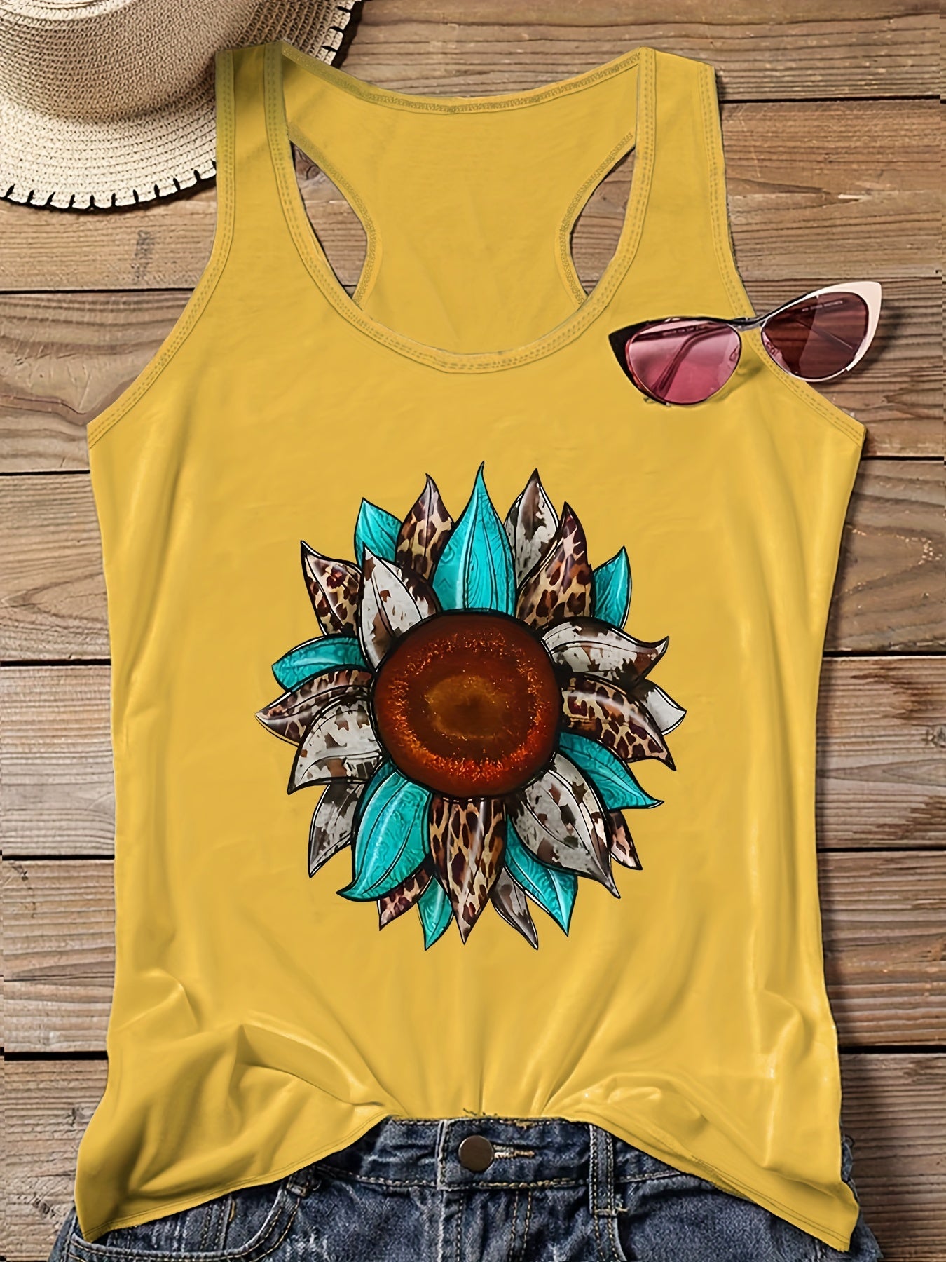 Casual Tank Top Women's Plus Leopard Sunflower Letter Print