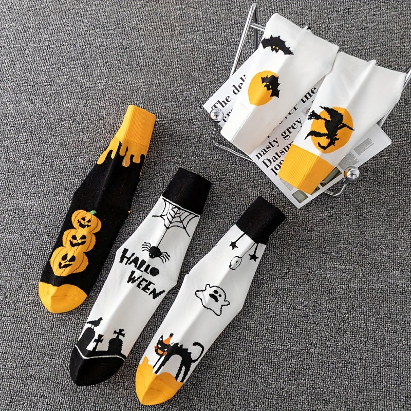5 Pairs Pumpkin & Skull Print Socks Halloween Crew Socks Women's Stockings
