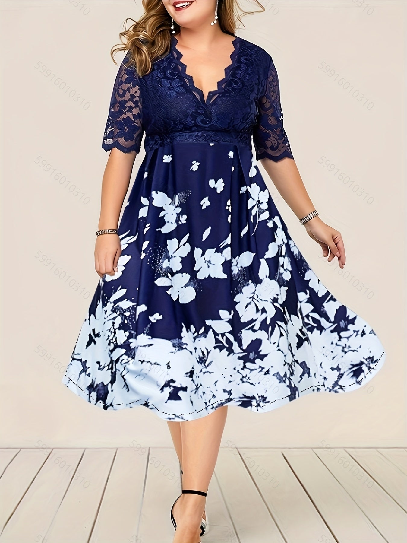 Casual Dress Women's Plus Floral Print Lace Sleeve Midi Party Dress