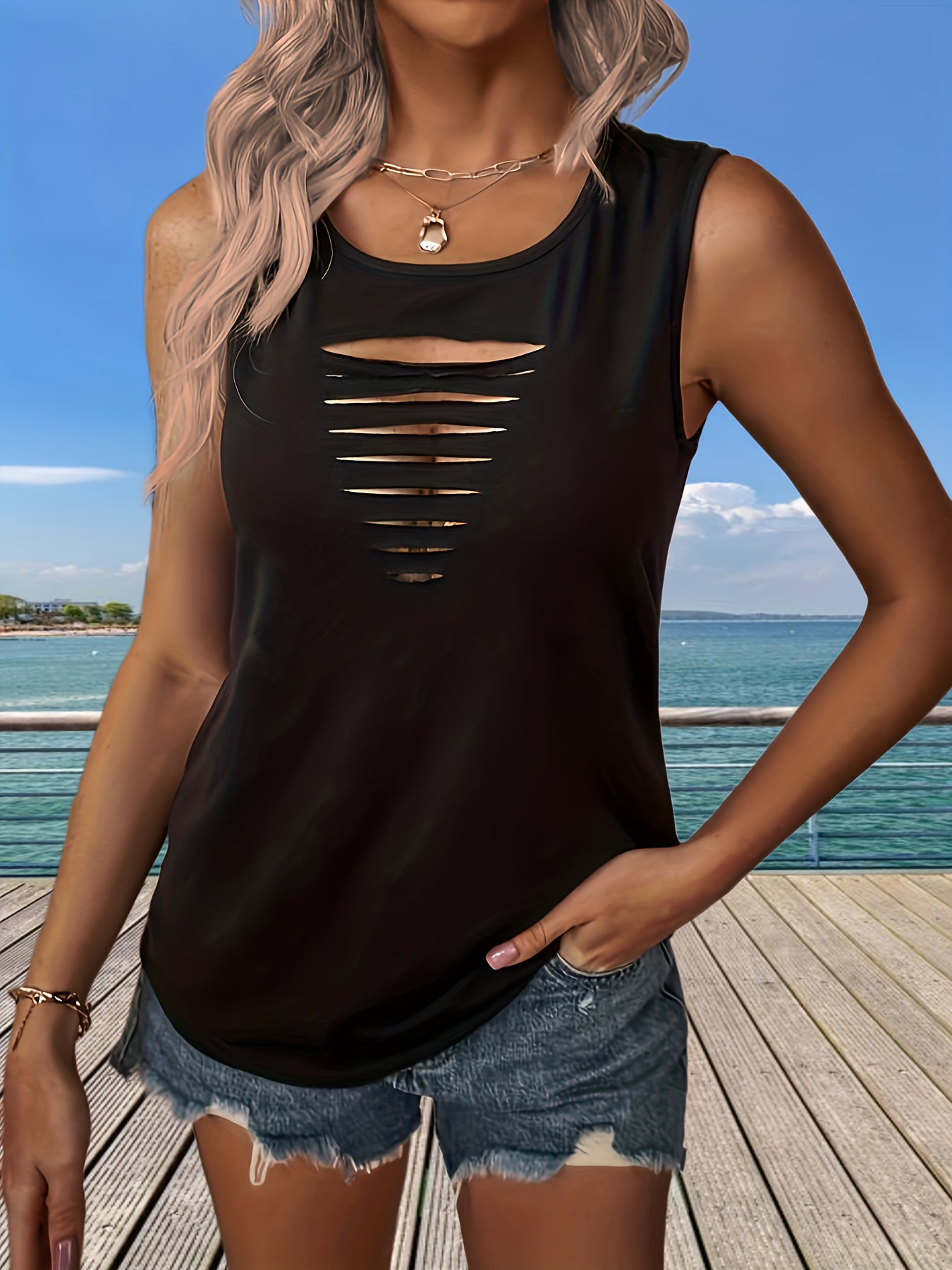 Sexy Solid Cut Out Tank Top Crew Neck Summer Sleeveless