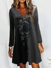 Floral Print Zip V Neck Dress Long Sleeve Casual Mini Dress