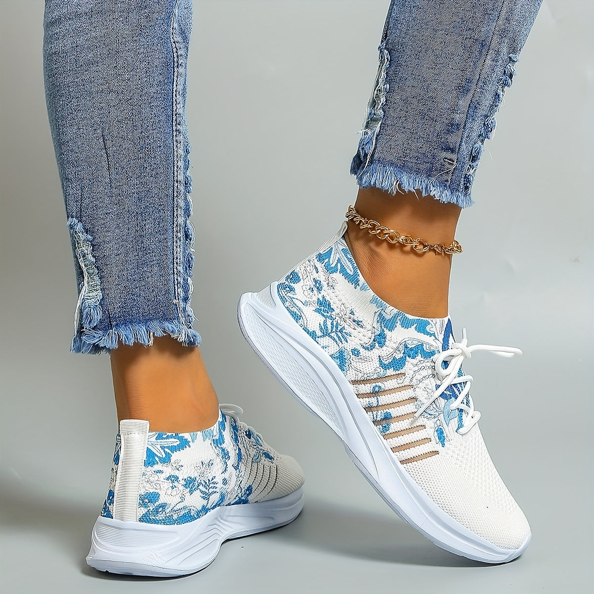 Women's Floral Print Knit Sports Shoes Lace Up Running Sneakers