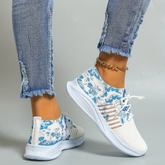 Women's Floral Print Knit Sports Shoes Lace Up Running Sneakers