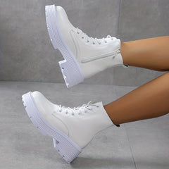 Platform Combat Boots Lace Up Zipper Ankle Faux Leather Short Boots