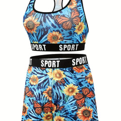 Sporty Plus Size Tie Dye Bra & Shorts Set
