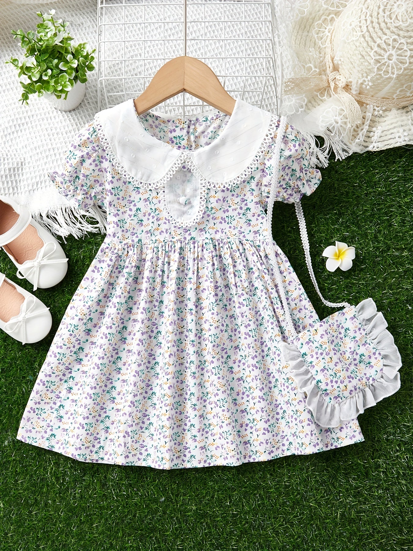 Toddler Girls Casual Short Sleeve Lapel Floral Dress & Matching Bag
