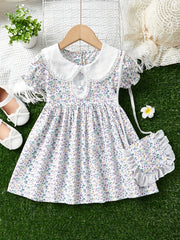 Toddler Girls Casual Short Sleeve Lapel Floral Dress & Matching Bag