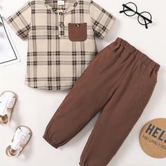 Boys Plaid Outfit Long Pants & Polo Shirt Short Sleeves Casual Kids Clothes