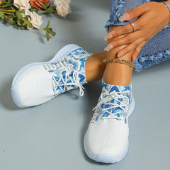 Women's Floral Print Knit Sports Shoes Lace Up Running Sneakers
