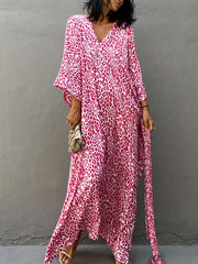 Leopard Print V Neck Split Thigh Kaftan Batwing Half Sleeve Kimono Cover Up