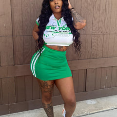 Letter Print Crop T-shirt & Striped Bodycon Skirt Two Piece Set
