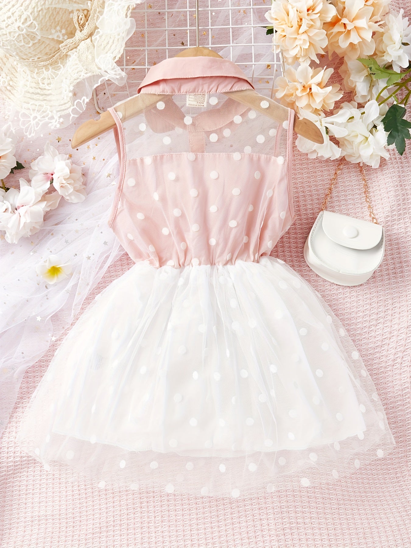 Girls Sleeveless Polka Dots Mesh Dress