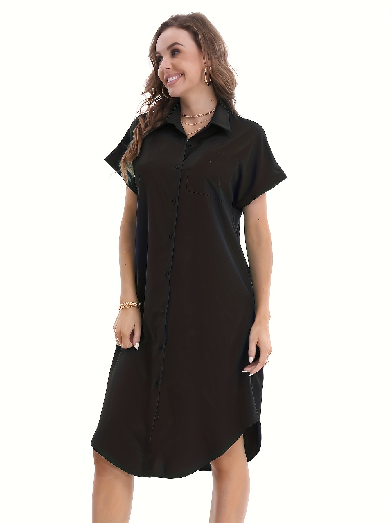 Button Front Shirt Dress Solid Short Sleeve Dress