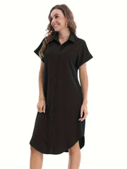 Button Front Shirt Dress Solid Short Sleeve Dress