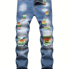 Slim Fit Ripped Jeans Men's Casual Distressed Denim Pants
