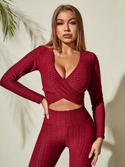 Seersucker V-Neck Crop Top Long Sleeve Gym