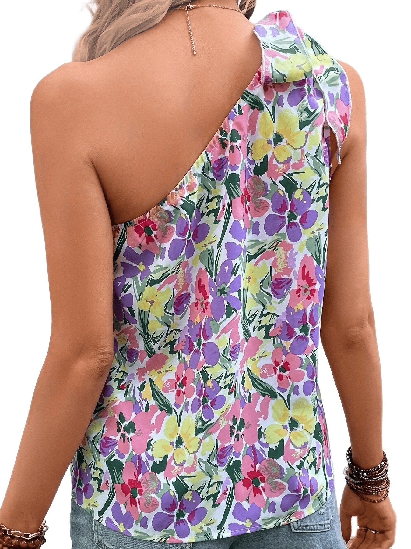 Floral Print One Shoulder Top Tie Strap Sleeveless Summer Blouse