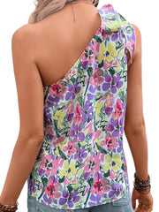 Floral Print One Shoulder Top Tie Strap Sleeveless Summer Blouse
