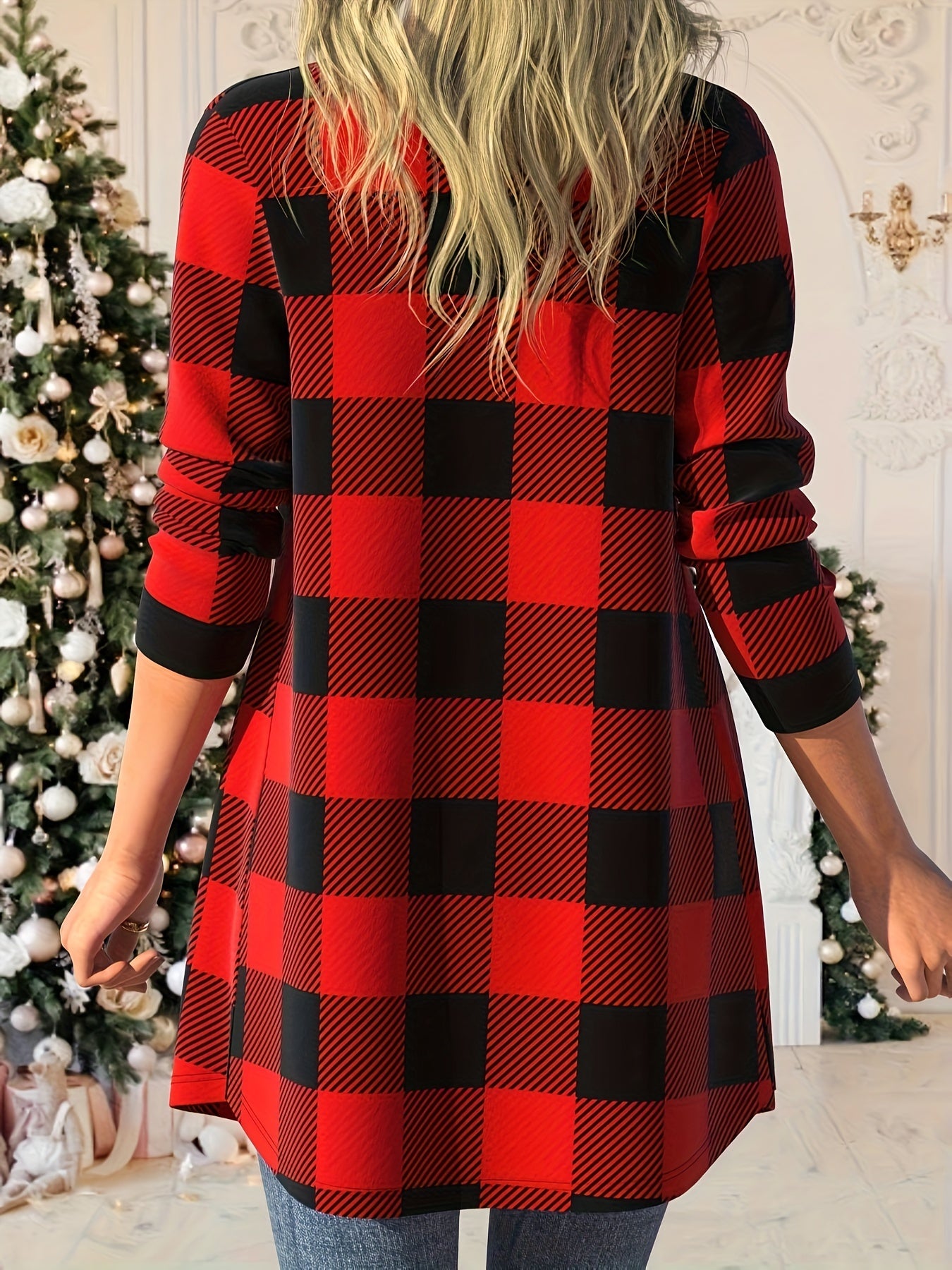Plaid Print Long Sleeve Open Front High Stretch Cardigan
