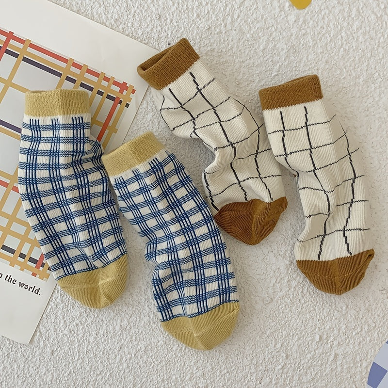 5pairs Unisex Cotton Plaid Mid Tube Socks