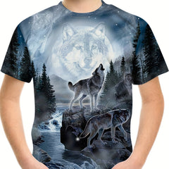 Boy's Wolf & Moon Graphic T-shirt Casual 3D Print Tee Kid's Clothing