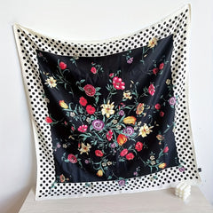 Polka Dot Flower Print Shawl Boho Twill Silk Square Scarf Vintage Neckerchief